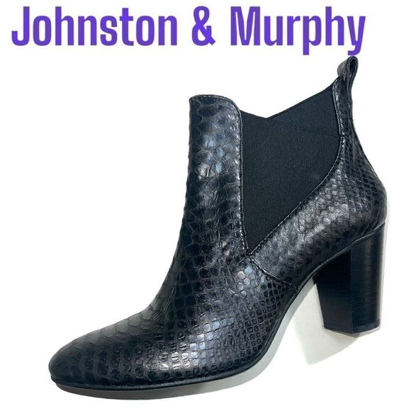 Johnston Murphy Women's Boot Sz 9 Block Heel Snakeprint Bk Leather Chelsea $228 - Picture 1 of 8